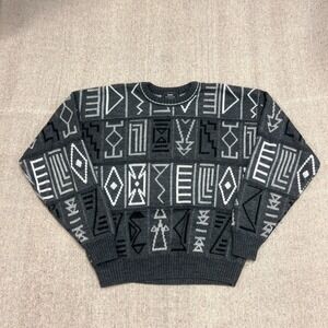 Vintage Sears Sweater Mens Medium Black 1980s Geometric Art